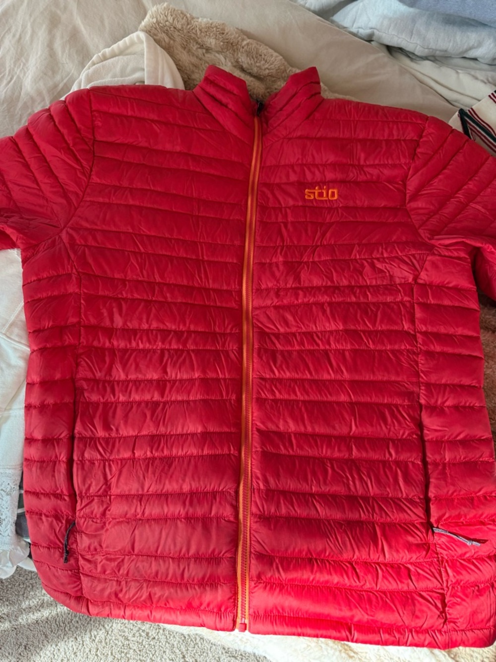 Stio Men’s Red Quilted Puffer Jacket with Orange Zipper